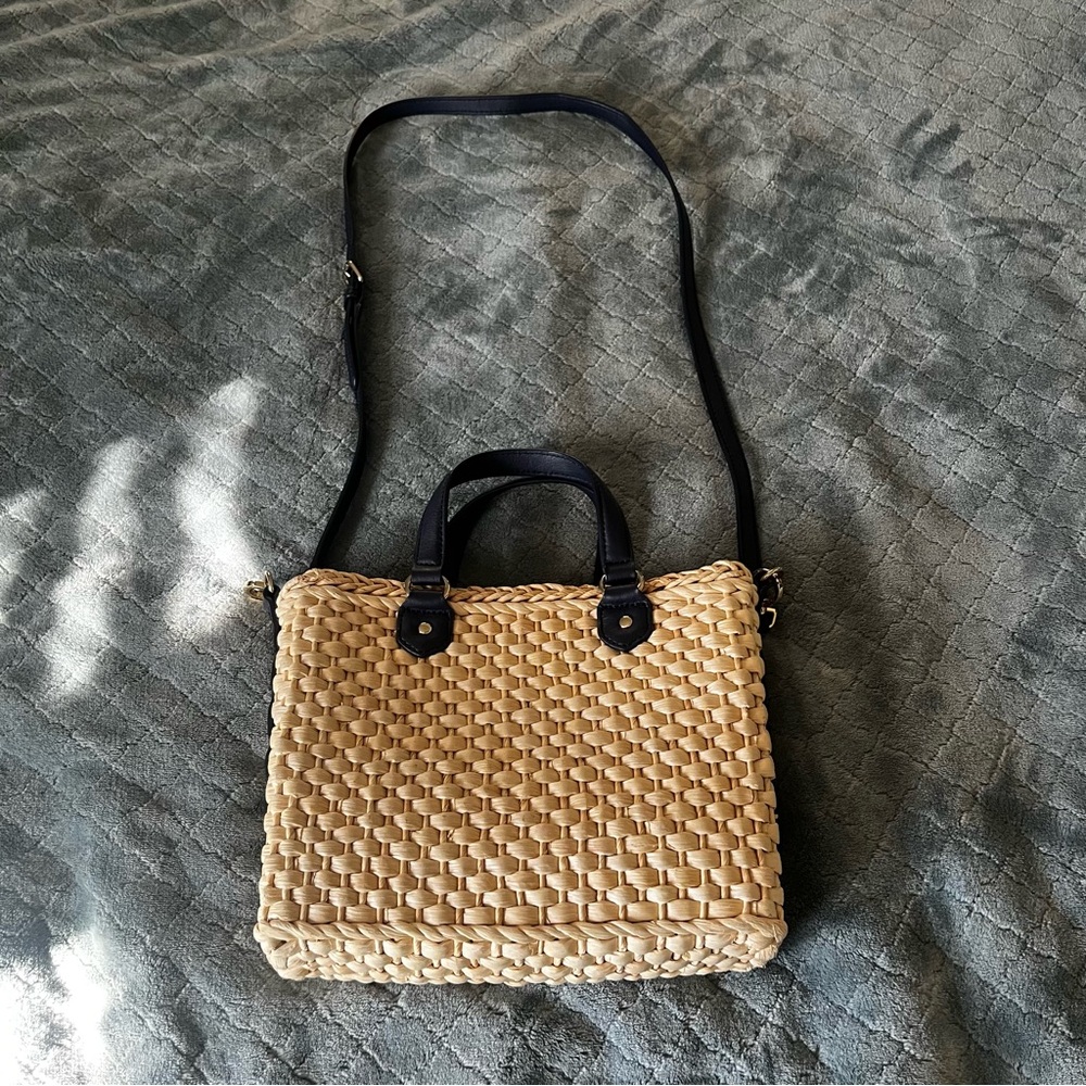 Talbots Woven Straw Crossbody Bag with Black Handles and Strap